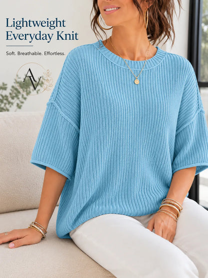 Women’s Casual Short Sleeve Knit Sweater, Lightweight Cotton Blend Ribbed Crew Neck Pullover Top for Spring Summer