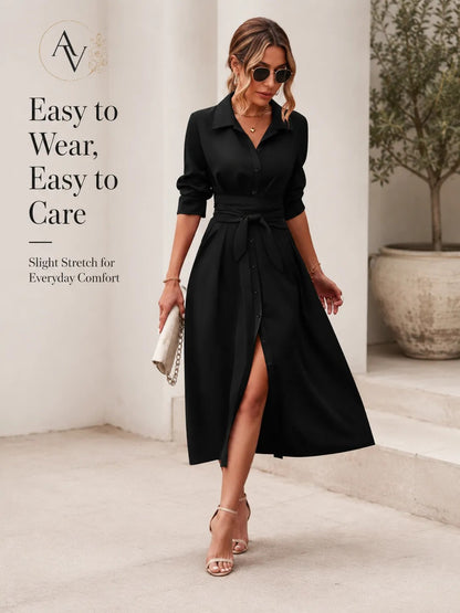 Women’s Belted Button Down Shirt Dress, Collared Long Sleeve Midi Dress, Slim Waist Work Office Casual Dress