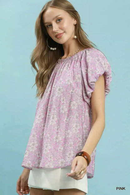 Women’s Pink Floral Puff Sleeve Blouse, Relaxed Fit Round Neck Short Sleeve Flowy Top for Summer, Brunch & Office Casual