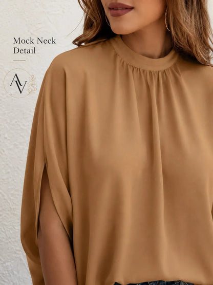 Women’s Mock Neck Tie Back Blouse, Split Batwing Half Sleeve Loose Fit Top, Dressy Casual Work Shirt for Office & Weekend