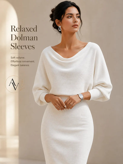 Women’s Cowl Neck Ribbed Knit Bodycon Midi Dress, Cotton Stretch Dolman Sleeve Sweater Dress for Work, Date Night & Fall Outfits