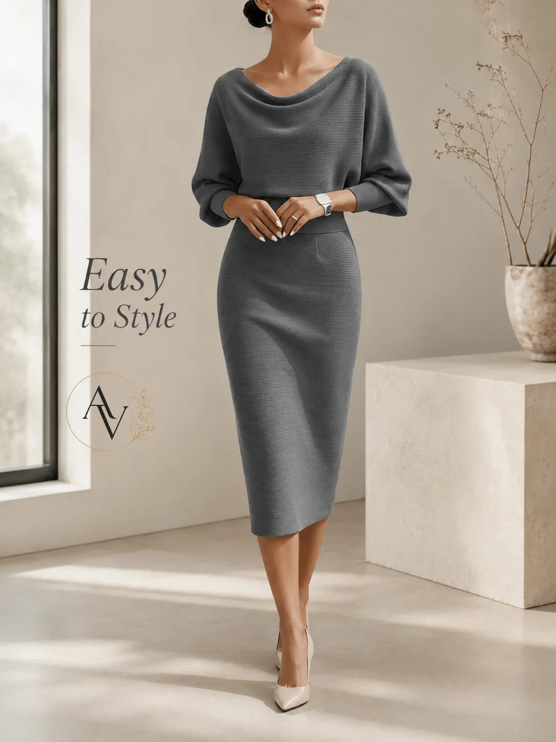 Women’s Cowl Neck Ribbed Knit Bodycon Midi Dress, Cotton Stretch Dolman Sleeve Sweater Dress for Work, Date Night & Fall Outfits