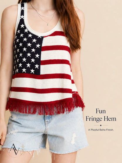 Plus Size American Flag Fringe Tank Top for Women, Patriotic Sleeveless Summer Top, 4th of July USA Stars Stripes Shirt