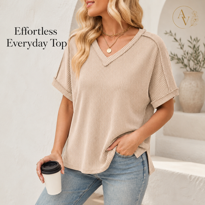 Women’s Corded Rib V-Neck Short Sleeve Top, Soft Stretch Exposed Seam Loose Fit T-Shirt, Casual Summer Tee for Everyday Outfits