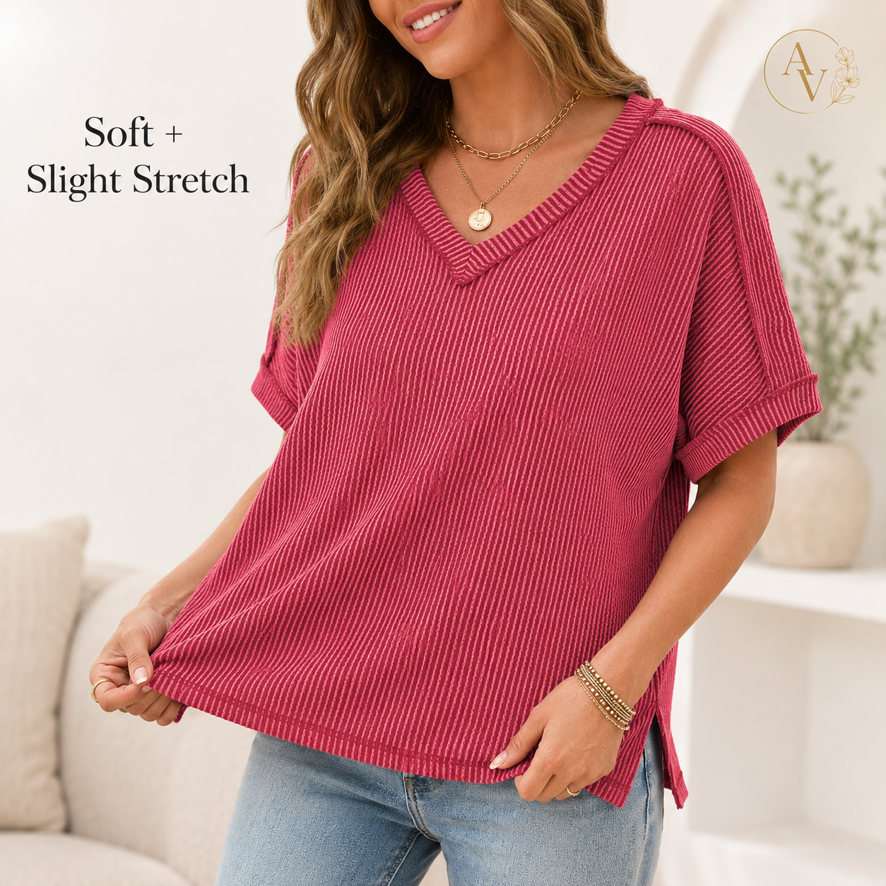 Women’s Corded Rib V-Neck Short Sleeve Top, Soft Stretch Exposed Seam Loose Fit T-Shirt, Casual Summer Tee for Everyday Outfits
