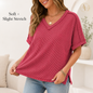 Women’s Corded Rib V-Neck Short Sleeve Top, Soft Stretch Exposed Seam Loose Fit T-Shirt, Casual Summer Tee for Everyday Outfits