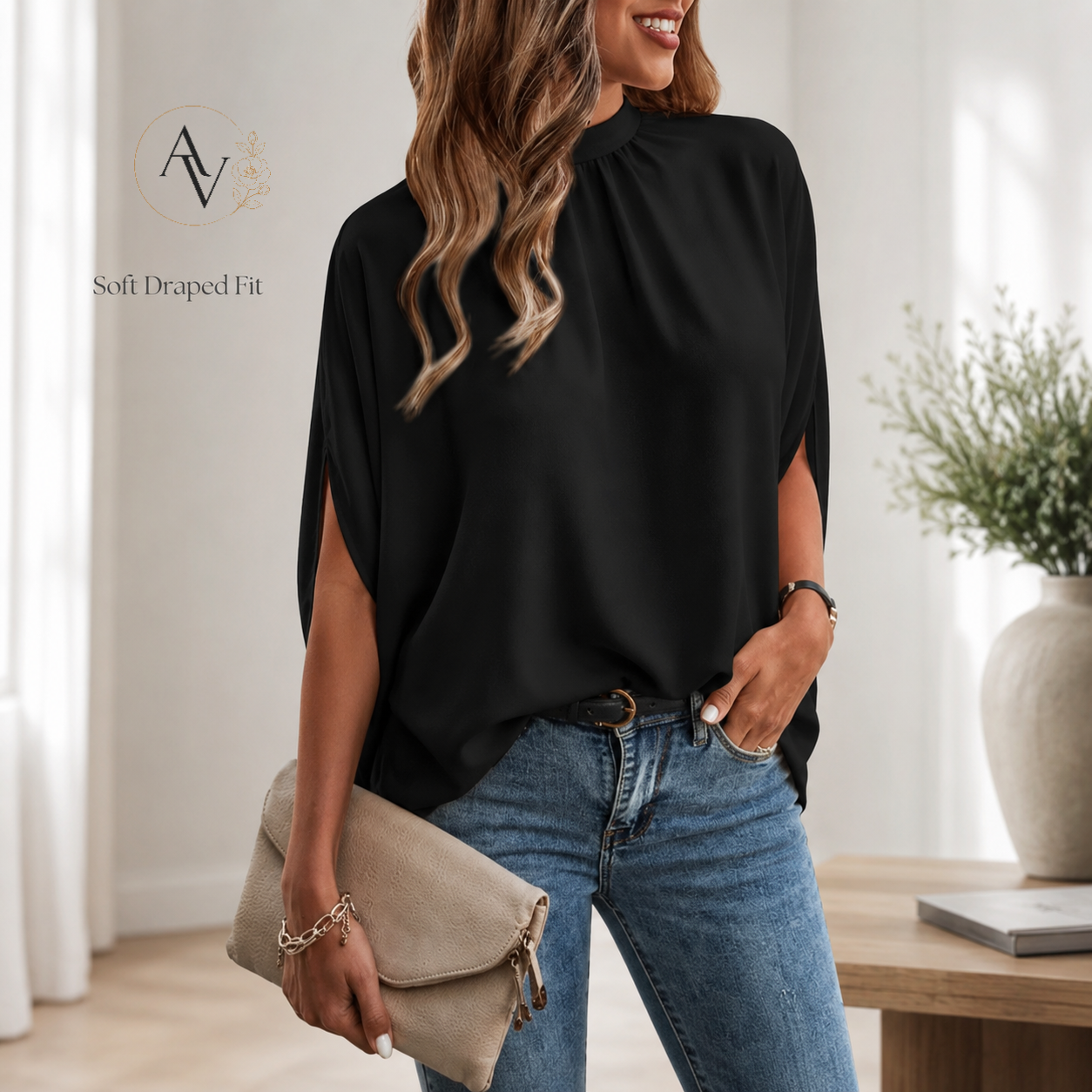 Women’s Mock Neck Tie Back Blouse, Split Batwing Half Sleeve Loose Fit Top, Dressy Casual Work Shirt for Office & Weekend