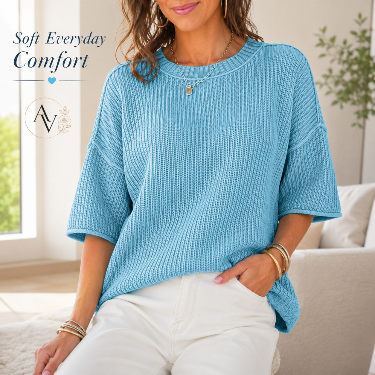 Women’s Casual Short Sleeve Knit Sweater, Lightweight Cotton Blend Ribbed Crew Neck Pullover Top for Spring Summer
