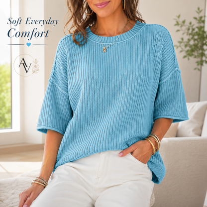 Women’s Casual Short Sleeve Knit Sweater, Lightweight Cotton Blend Ribbed Crew Neck Pullover Top for Spring Summer