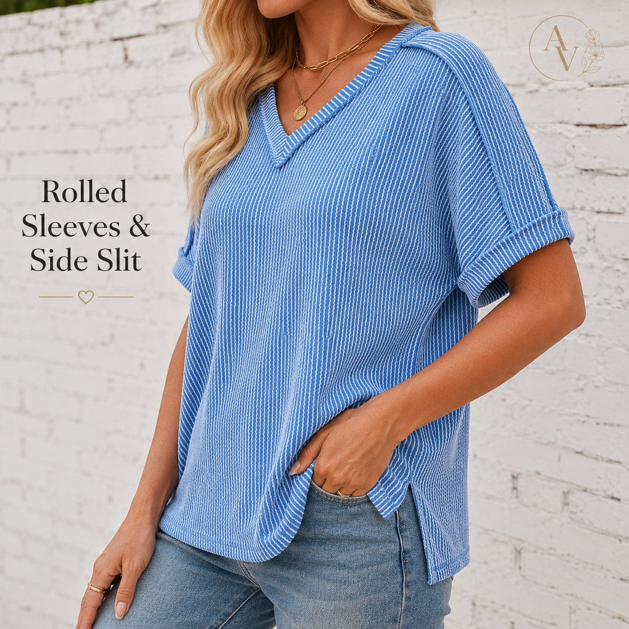 Women’s Corded Rib V-Neck Short Sleeve Top, Soft Stretch Exposed Seam Loose Fit T-Shirt, Casual Summer Tee for Everyday Outfits