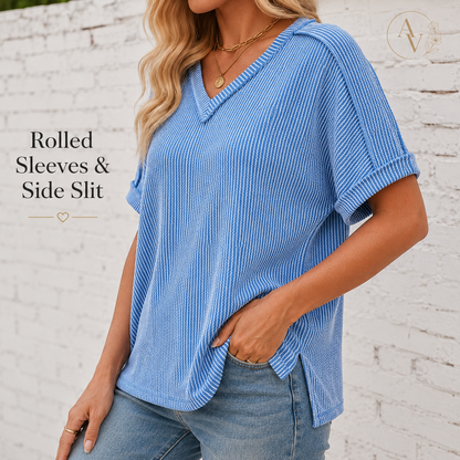 Women’s Corded Rib V-Neck Short Sleeve Top, Soft Stretch Exposed Seam Loose Fit T-Shirt, Casual Summer Tee for Everyday Outfits