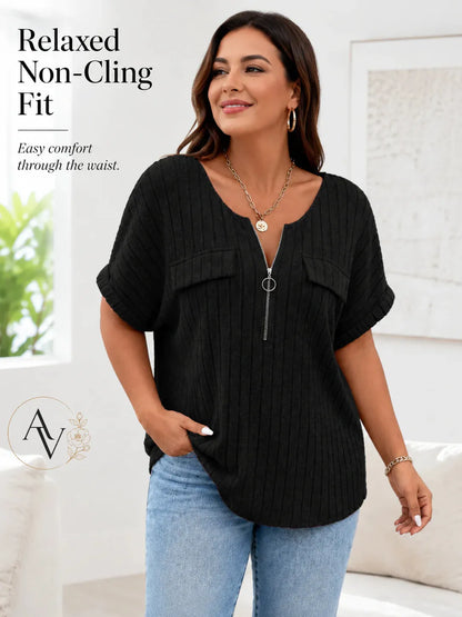 Plus Size Half Zip Ribbed Short Sleeve Top for Women, Casual Loose Fit V Neck Pullover T-Shirt with Pocket Flap, Summer Daily Blouse
