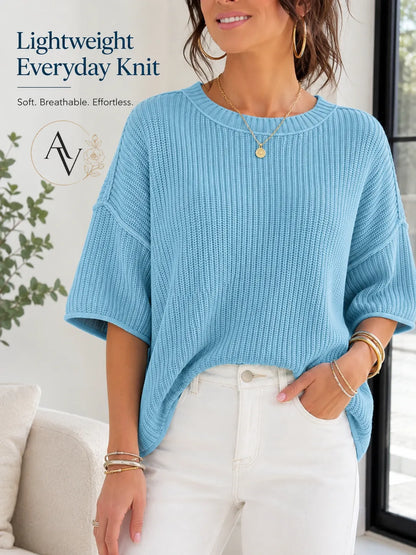 Women’s Casual Short Sleeve Knit Sweater, Lightweight Cotton Blend Ribbed Crew Neck Pullover Top for Spring Summer