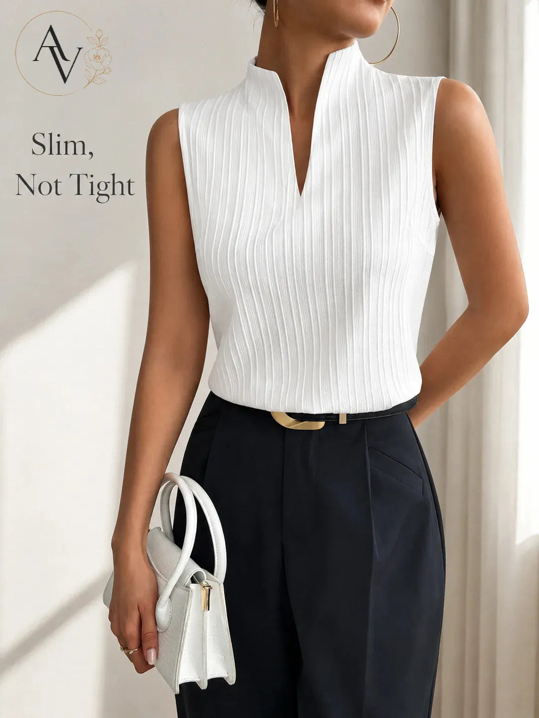 Women’s Ribbed Knit Notch Neck Sleeveless Top, Slim Fit Stretch Tank, Dressy Casual Office Blouse