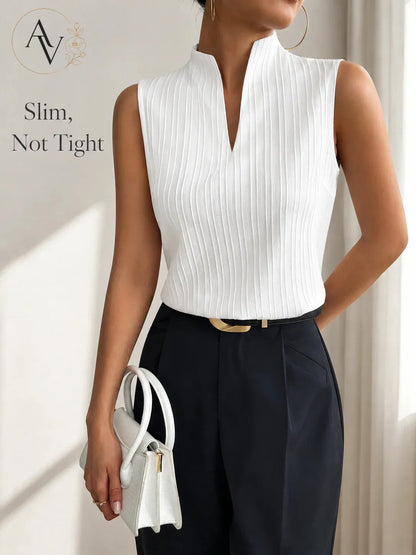 Women’s Ribbed Knit Notch Neck Sleeveless Top, Slim Fit Stretch Tank, Dressy Casual Office Blouse