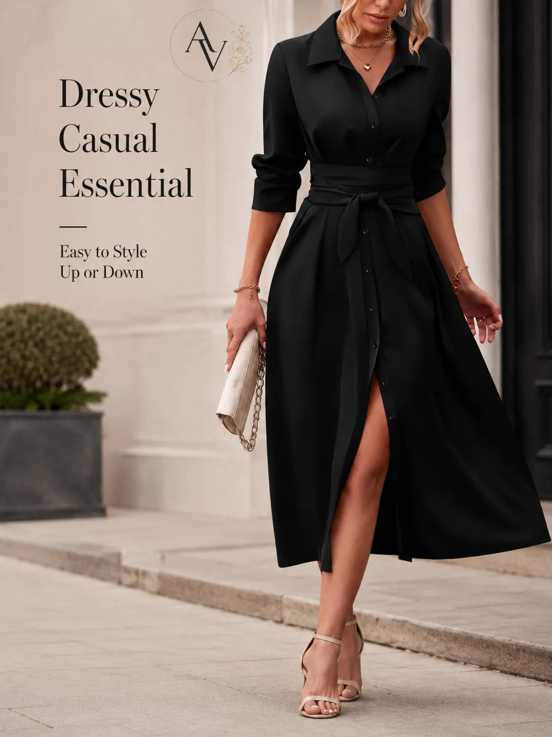 Women’s Belted Button Down Shirt Dress, Collared Long Sleeve Midi Dress, Slim Waist Work Office Casual Dress
