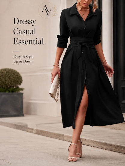 Women’s Belted Button Down Shirt Dress, Collared Long Sleeve Midi Dress, Slim Waist Work Office Casual Dress