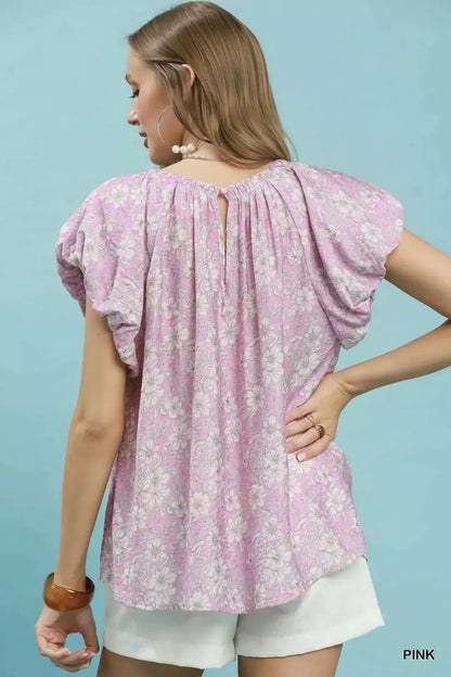 Women’s Pink Floral Puff Sleeve Blouse, Relaxed Fit Round Neck Short Sleeve Flowy Top for Summer, Brunch & Office Casual