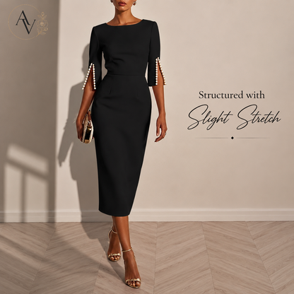 Women’s Elegant Beaded Slit Sleeve Midi Dress, Boat Neck Slim Fit Cocktail Dress, Wedding Guest Party Evening Dress