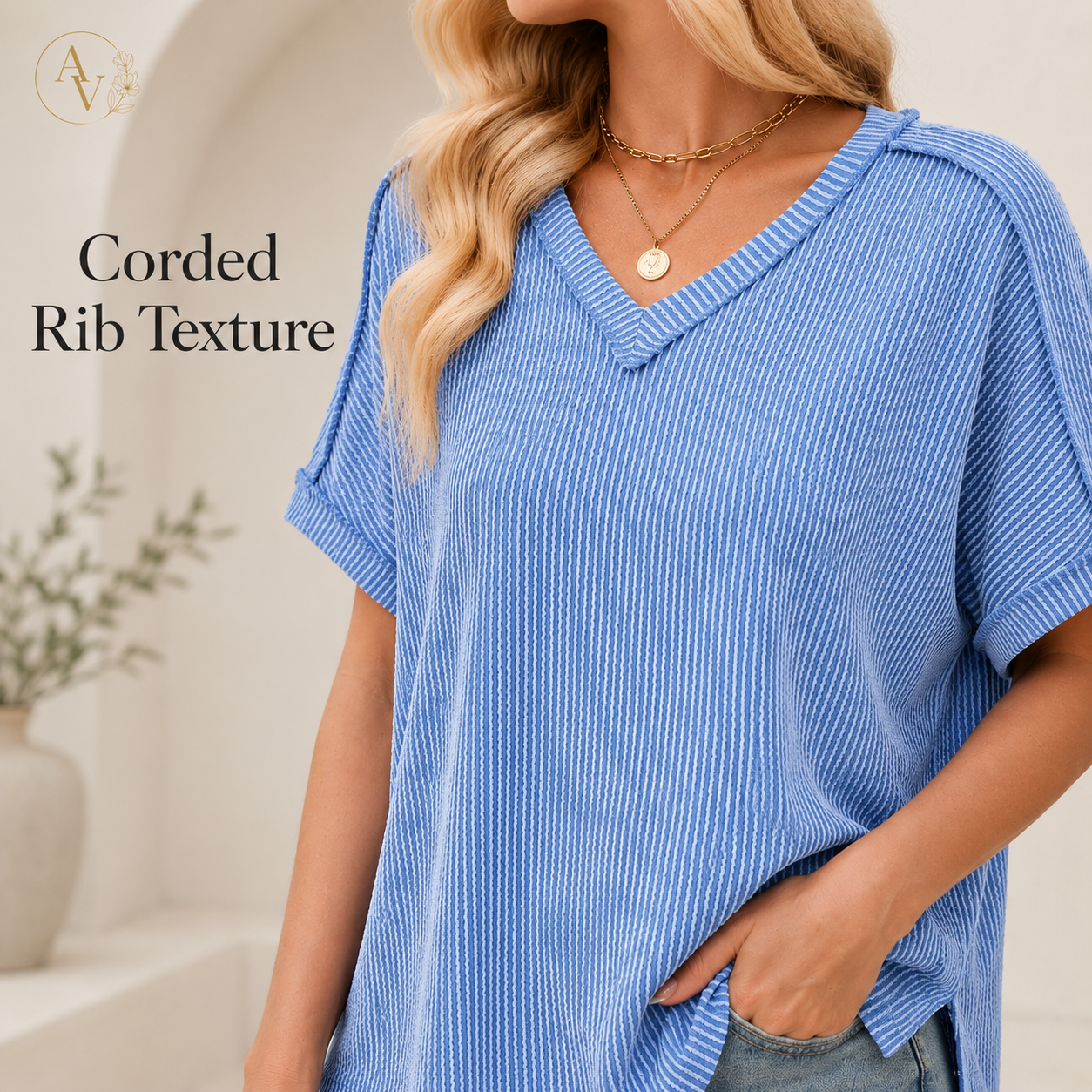 Women’s Corded Rib V-Neck Short Sleeve Top, Soft Stretch Exposed Seam Loose Fit T-Shirt, Casual Summer Tee for Everyday Outfits