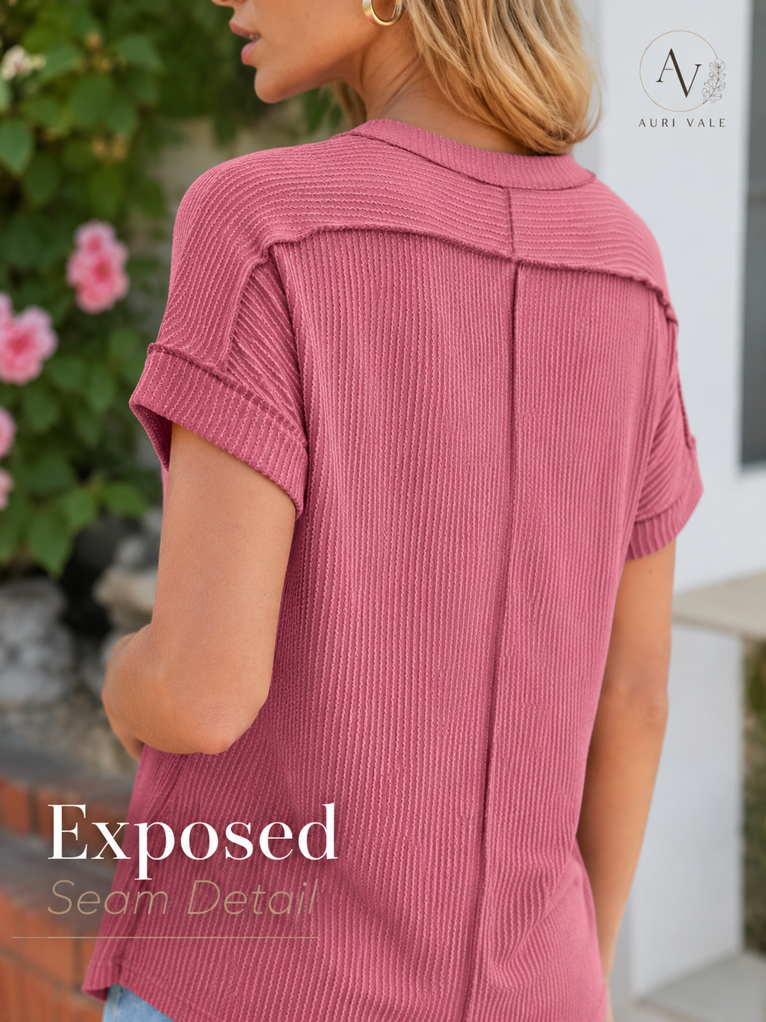 Women’s Textured Short Sleeve Knit Top, Round Neck Exposed Seam Tee, Soft Stretch Loose Fit Casual Summer Shirt for Everyday Outfits