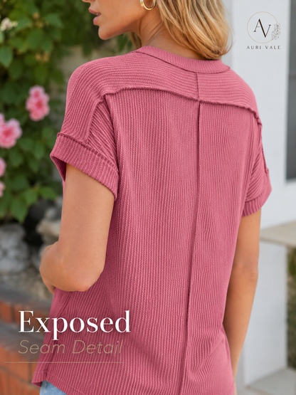 Women’s Textured Short Sleeve Knit Top, Round Neck Exposed Seam Tee, Soft Stretch Loose Fit Casual Summer Shirt for Everyday Outfits