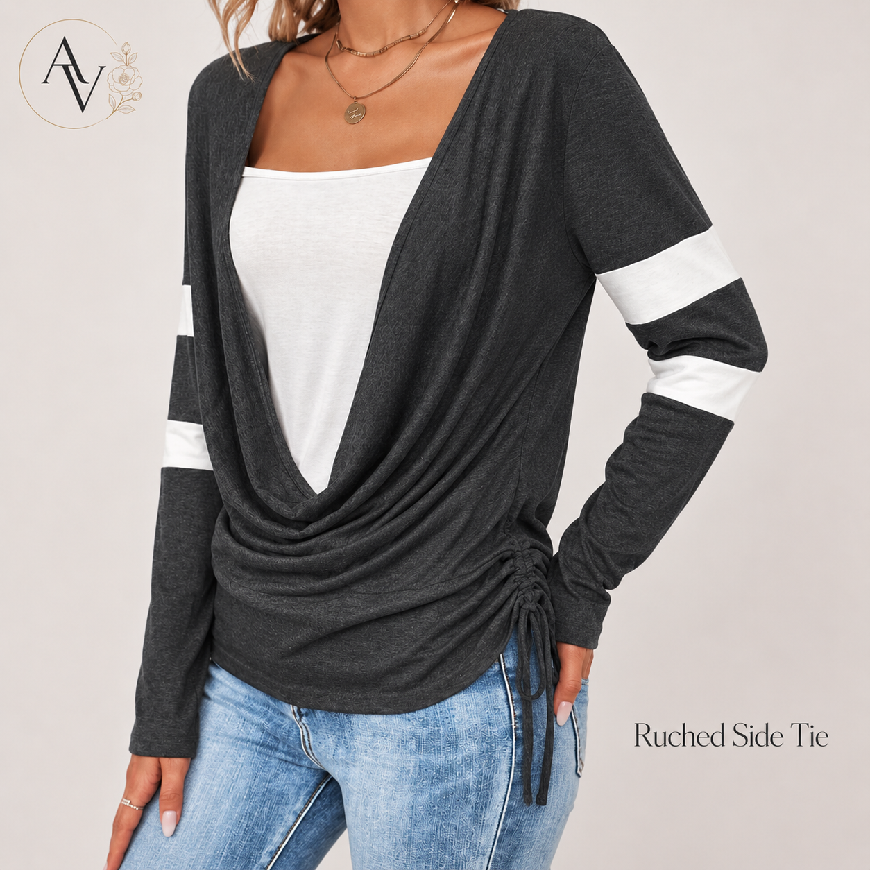 Women’s Cowl Neck Long Sleeve Top, Faux Layered 2 Piece Shirt, Gray Soft Draped Casual Blouse, Fall Winter Tee