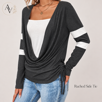 Women’s Cowl Neck Long Sleeve Top, Faux Layered 2 Piece Shirt, Gray Soft Draped Casual Blouse, Fall Winter Tee