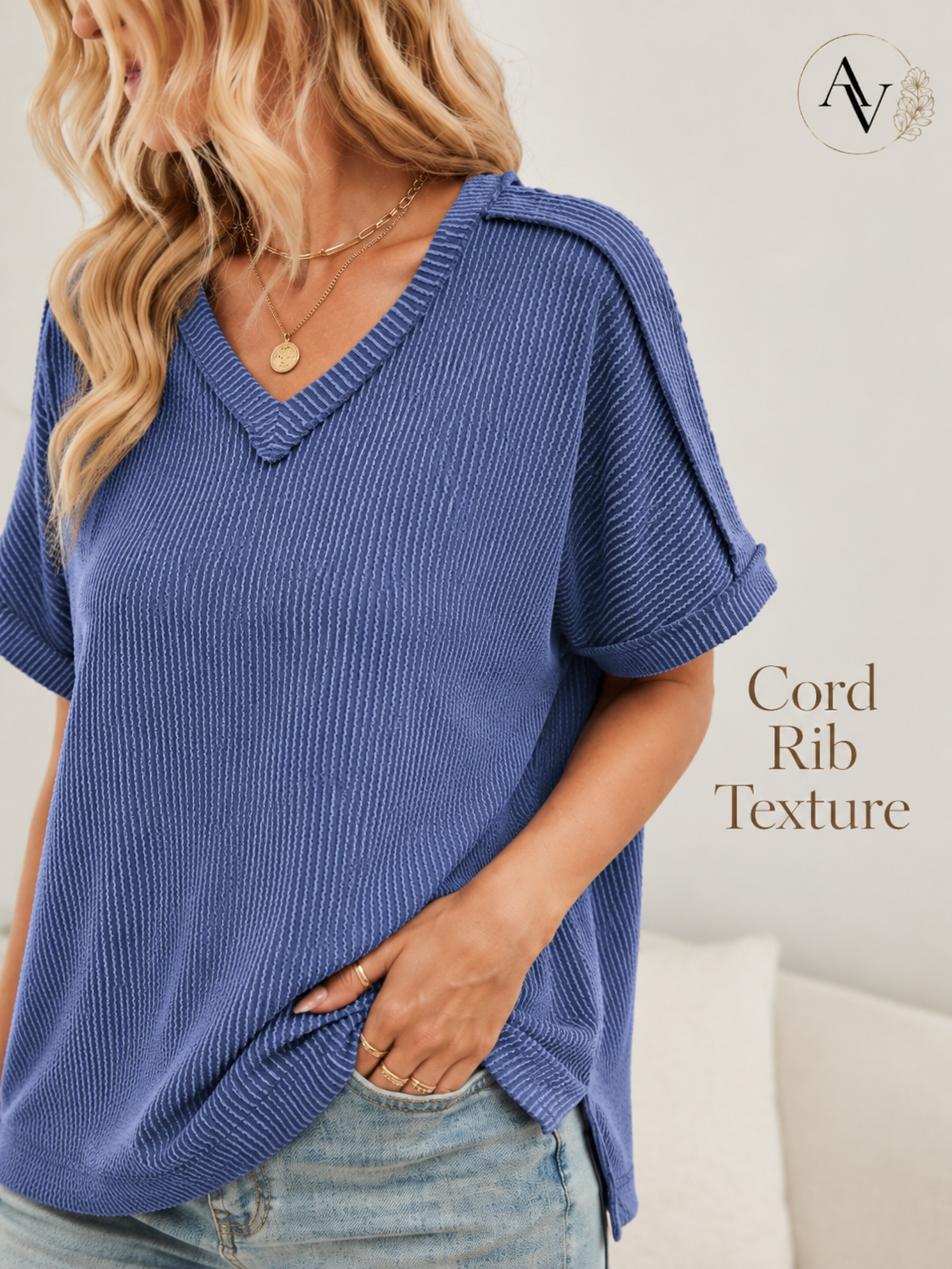 Women’s Corded Rib V-Neck Short Sleeve Top, Soft Stretch Exposed Seam Loose Fit T-Shirt, Casual Summer Tee for Everyday Outfits