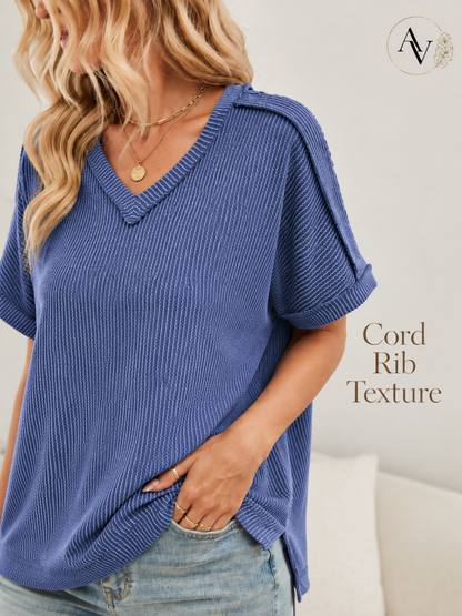 Women’s Corded Rib V-Neck Short Sleeve Top, Soft Stretch Exposed Seam Loose Fit T-Shirt, Casual Summer Tee for Everyday Outfits