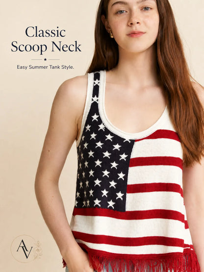 Plus Size American Flag Fringe Tank Top for Women, Patriotic Sleeveless Summer Top, 4th of July USA Stars Stripes Shirt