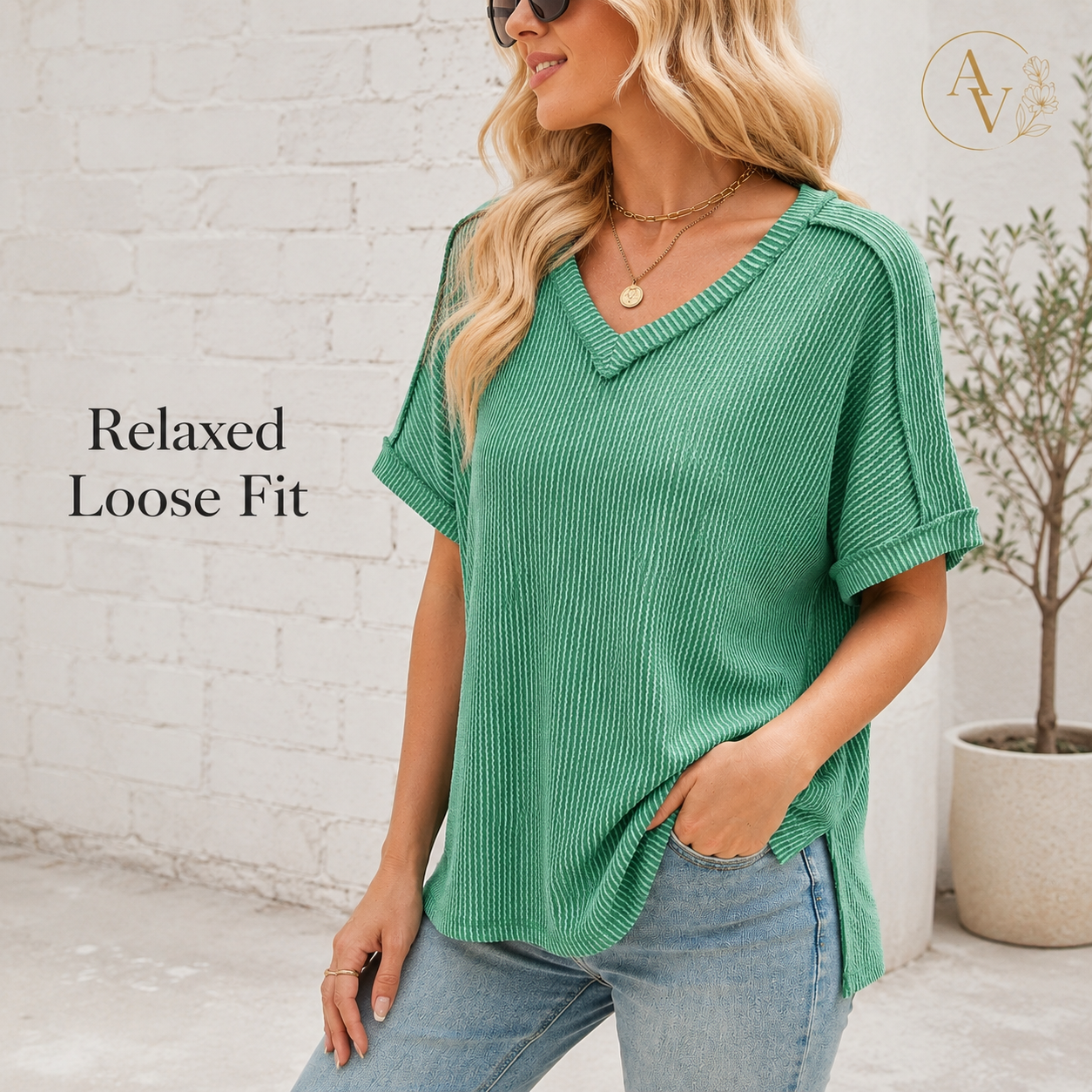 Women’s Corded Rib V-Neck Short Sleeve Top, Soft Stretch Exposed Seam Loose Fit T-Shirt, Casual Summer Tee for Everyday Outfits