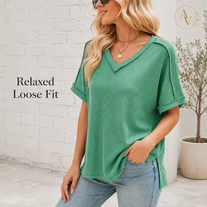 Women’s Corded Rib V-Neck Short Sleeve Top, Soft Stretch Exposed Seam Loose Fit T-Shirt, Casual Summer Tee for Everyday Outfits
