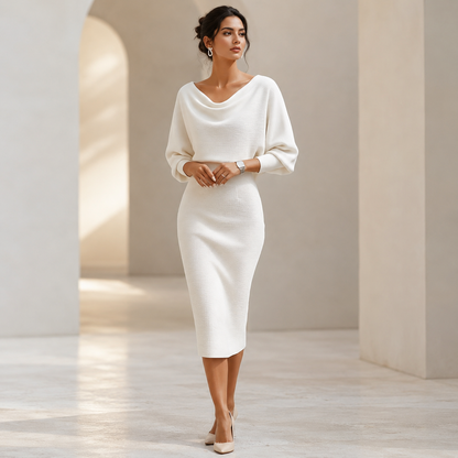 Women’s Cowl Neck Ribbed Knit Bodycon Midi Dress, Cotton Stretch Dolman Sleeve Sweater Dress for Work, Date Night & Fall Outfits