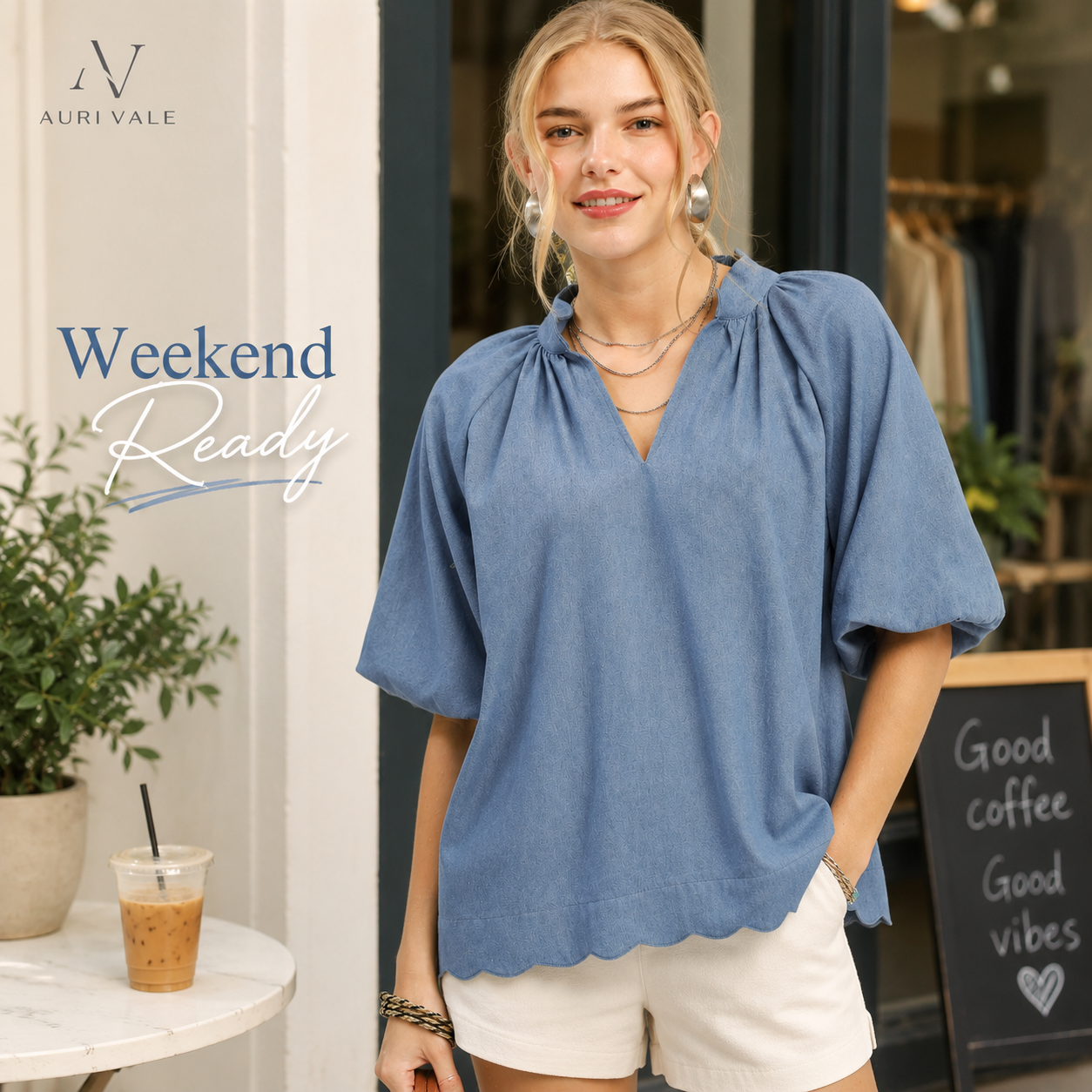 Women’s Chambray Puff Sleeve Top, Scallop Hem Split V-Neck Blouse, Lightweight Cotton Blend Oversized Casual Summer Shirt