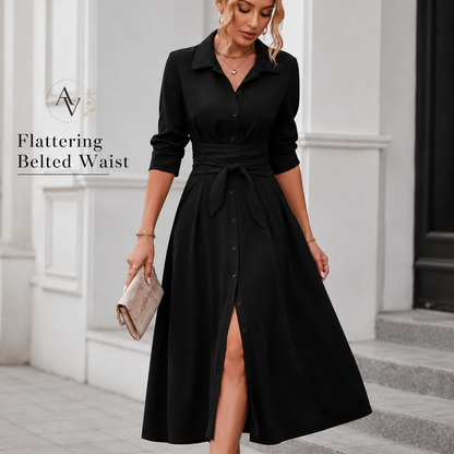Women’s Belted Button Down Shirt Dress, Collared Long Sleeve Midi Dress, Slim Waist Work Office Casual Dress