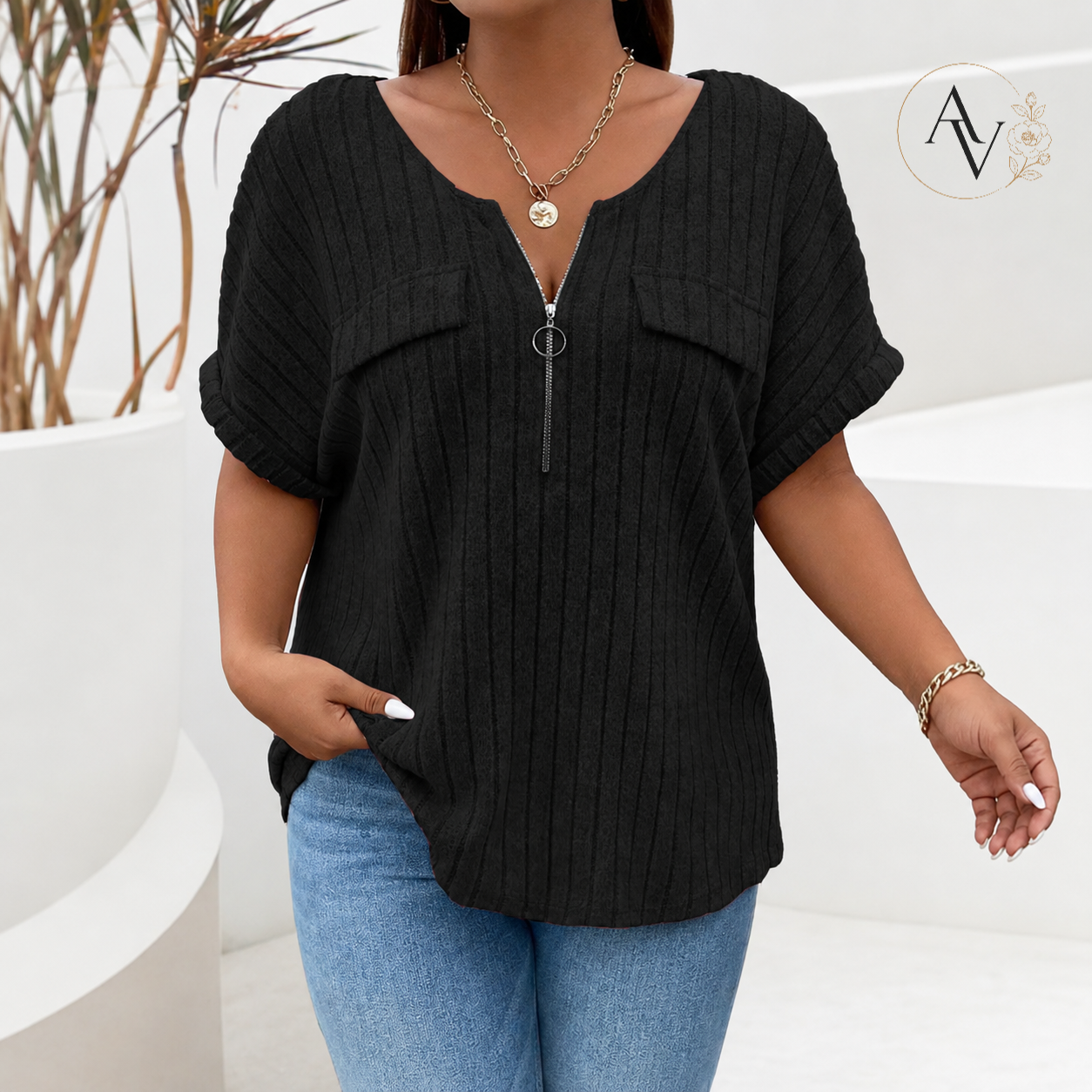 Plus Size Half Zip Ribbed Short Sleeve Top for Women, Casual Loose Fit V Neck Pullover T-Shirt with Pocket Flap, Summer Daily Blouse