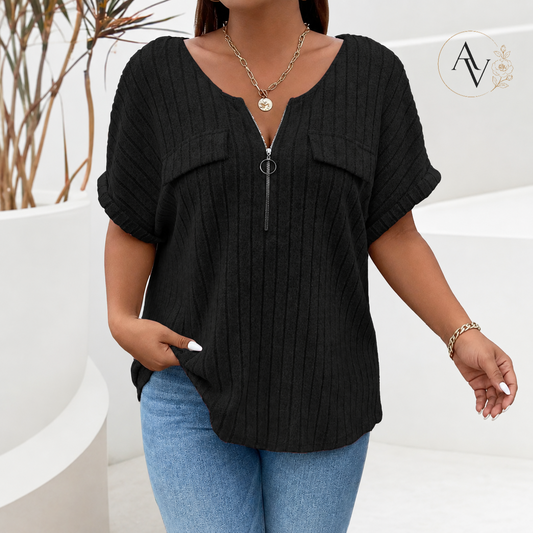 Plus Size Half Zip Ribbed Short Sleeve Top for Women, Casual Loose Fit V Neck Pullover T-Shirt with Pocket Flap, Summer Daily Blouse