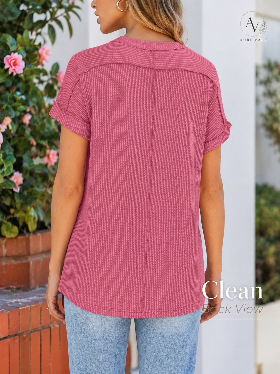 Women’s Textured Short Sleeve Knit Top, Round Neck Exposed Seam Tee, Soft Stretch Loose Fit Casual Summer Shirt for Everyday Outfits