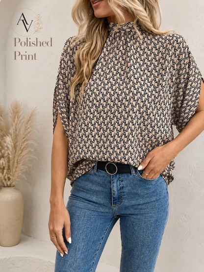 Women’s Mock Neck Tie Back Blouse, Split Batwing Half Sleeve Loose Fit Top, Dressy Casual Work Shirt for Office & Weekend
