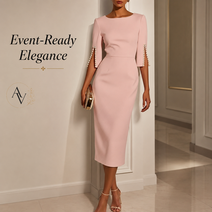 Women’s Elegant Beaded Slit Sleeve Midi Dress, Boat Neck Slim Fit Cocktail Dress, Wedding Guest Party Evening Dress