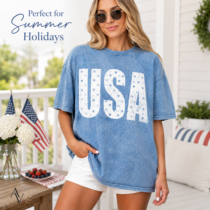Women’s USA Star Print Acid Wash T-Shirt – 100% Cotton Patriotic Crew Neck Short Sleeve Graphic Tee for 4th of July, Memorial Day & Summer Outfits