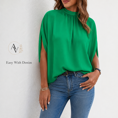 Women’s Mock Neck Tie Back Blouse, Split Batwing Half Sleeve Loose Fit Top, Dressy Casual Work Shirt for Office & Weekend