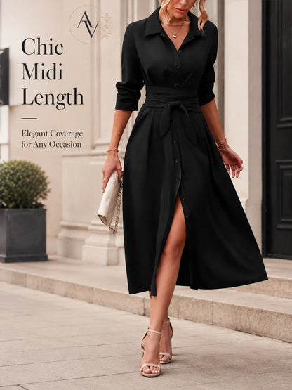 Women’s Belted Button Down Shirt Dress, Collared Long Sleeve Midi Dress, Slim Waist Work Office Casual Dress