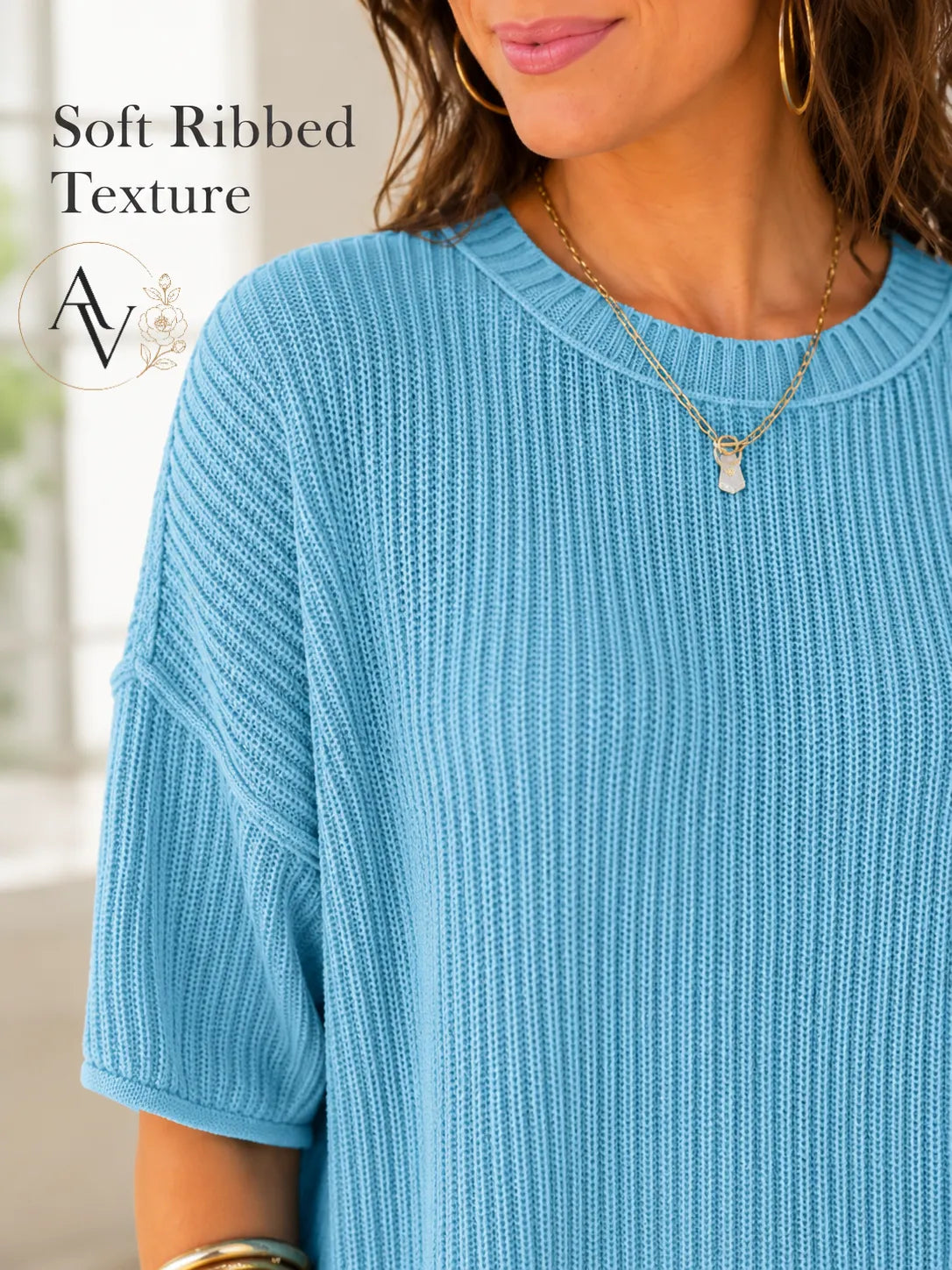 Women’s Casual Short Sleeve Knit Sweater, Lightweight Cotton Blend Ribbed Crew Neck Pullover Top for Spring Summer