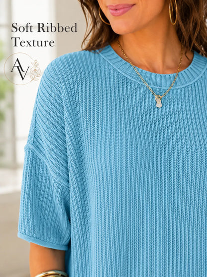 Women’s Casual Short Sleeve Knit Sweater, Lightweight Cotton Blend Ribbed Crew Neck Pullover Top for Spring Summer