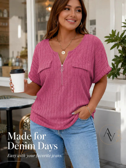 Plus Size Half Zip Ribbed Short Sleeve Top for Women, Casual Loose Fit V Neck Pullover T-Shirt with Pocket Flap, Summer Daily Blouse
