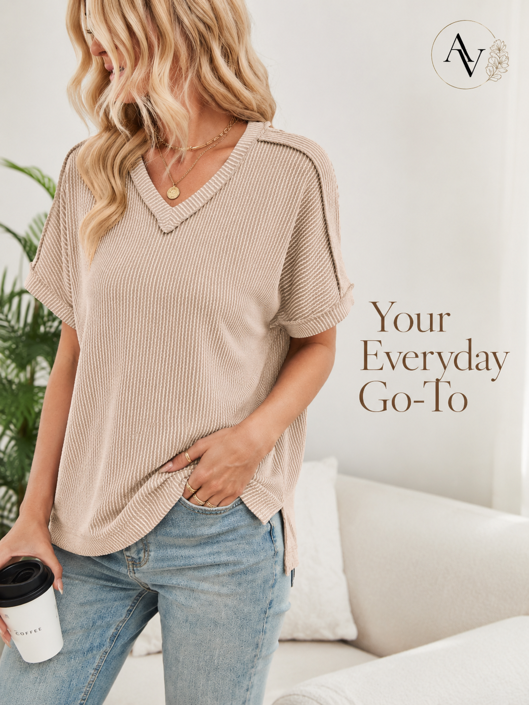 Women’s Corded Rib V-Neck Short Sleeve Top, Soft Stretch Exposed Seam Loose Fit T-Shirt, Casual Summer Tee for Everyday Outfits
