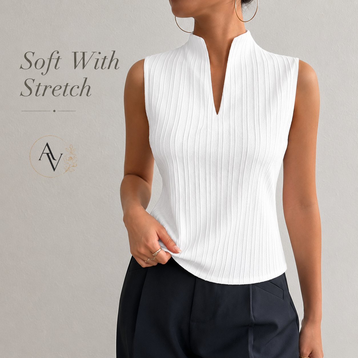 Women’s Ribbed Knit Notch Neck Sleeveless Top, Slim Fit Stretch Tank, Dressy Casual Office Blouse