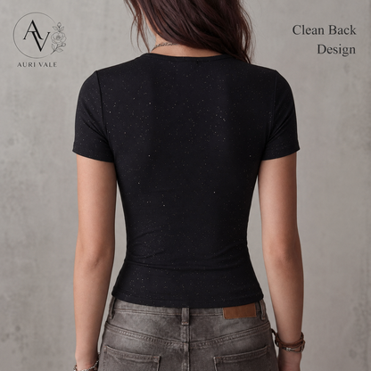 Women’s Slim Fit V Neck Crop T-Shirt, Black Sparkly Short Sleeve Ruched Front Top, Slight Stretch Casual Going Out Tee
